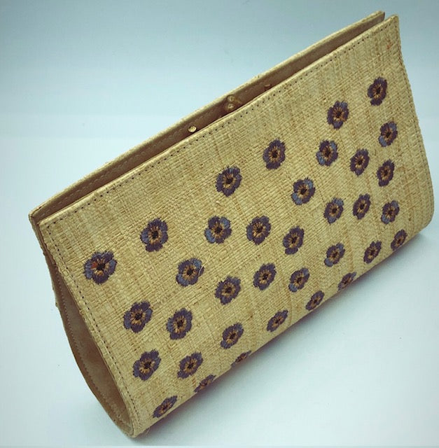 Pansies embroidered straw clutch