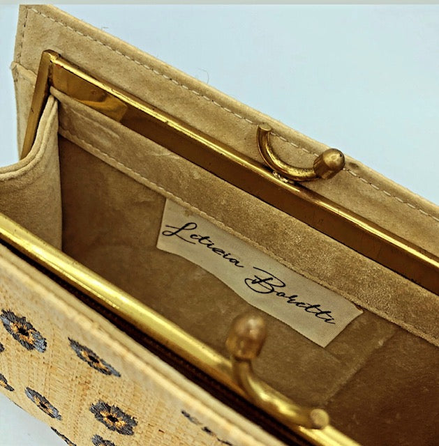 Pansies embroidered straw clutch