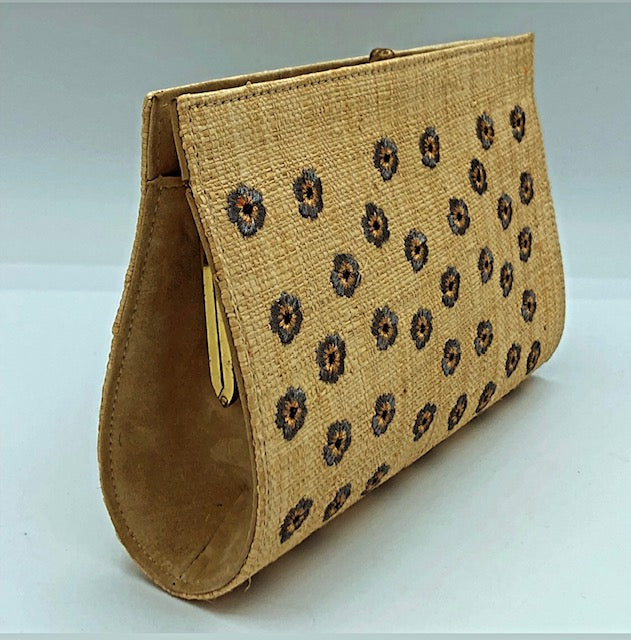Pansies embroidered straw clutch