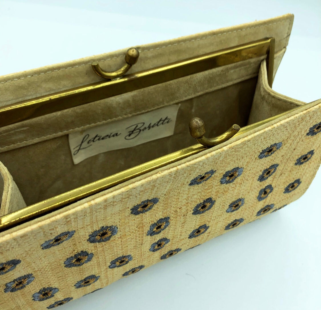 Pansies embroidered straw clutch