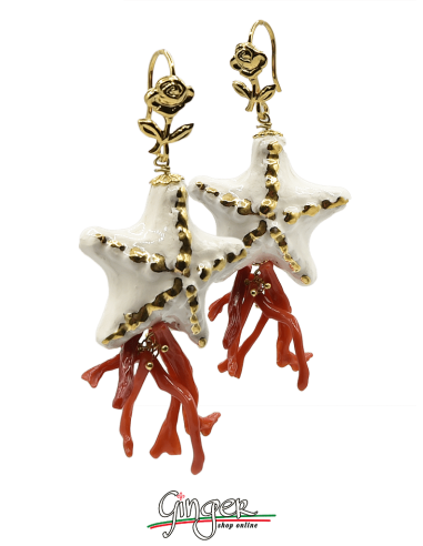 Pendant earrings with Starfish and Mediterranean Coral