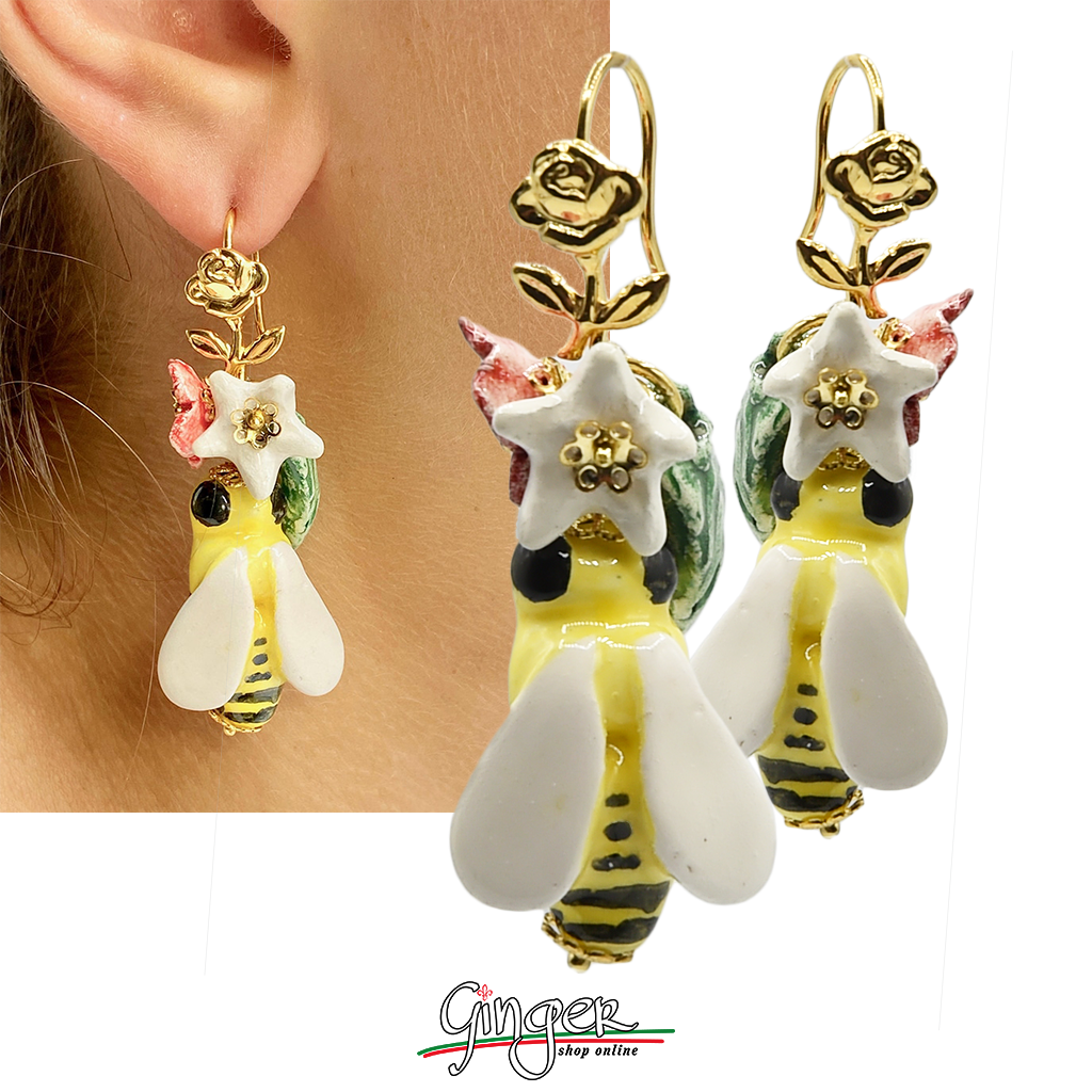 Pendant earrings with bees, flowers and leaves