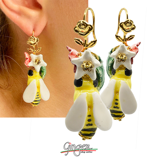Pendant earrings with bees, flowers and leaves