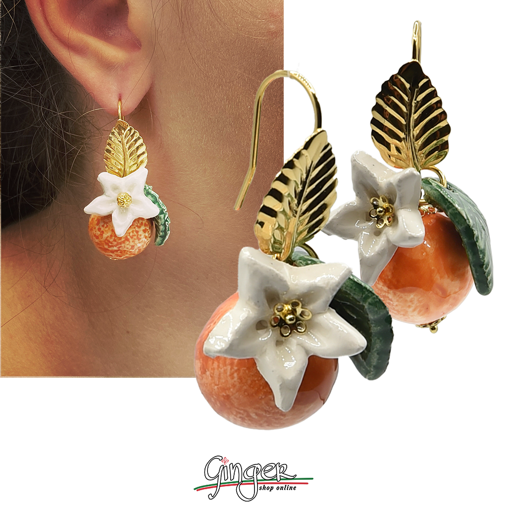 Pendant earrings with oranges, flowers and leaves