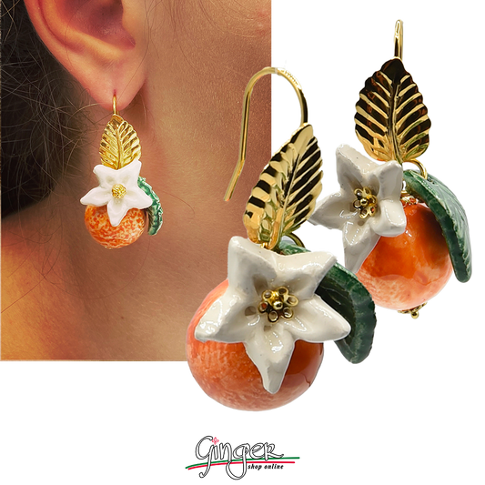 Pendant earrings with oranges, flowers and leaves
