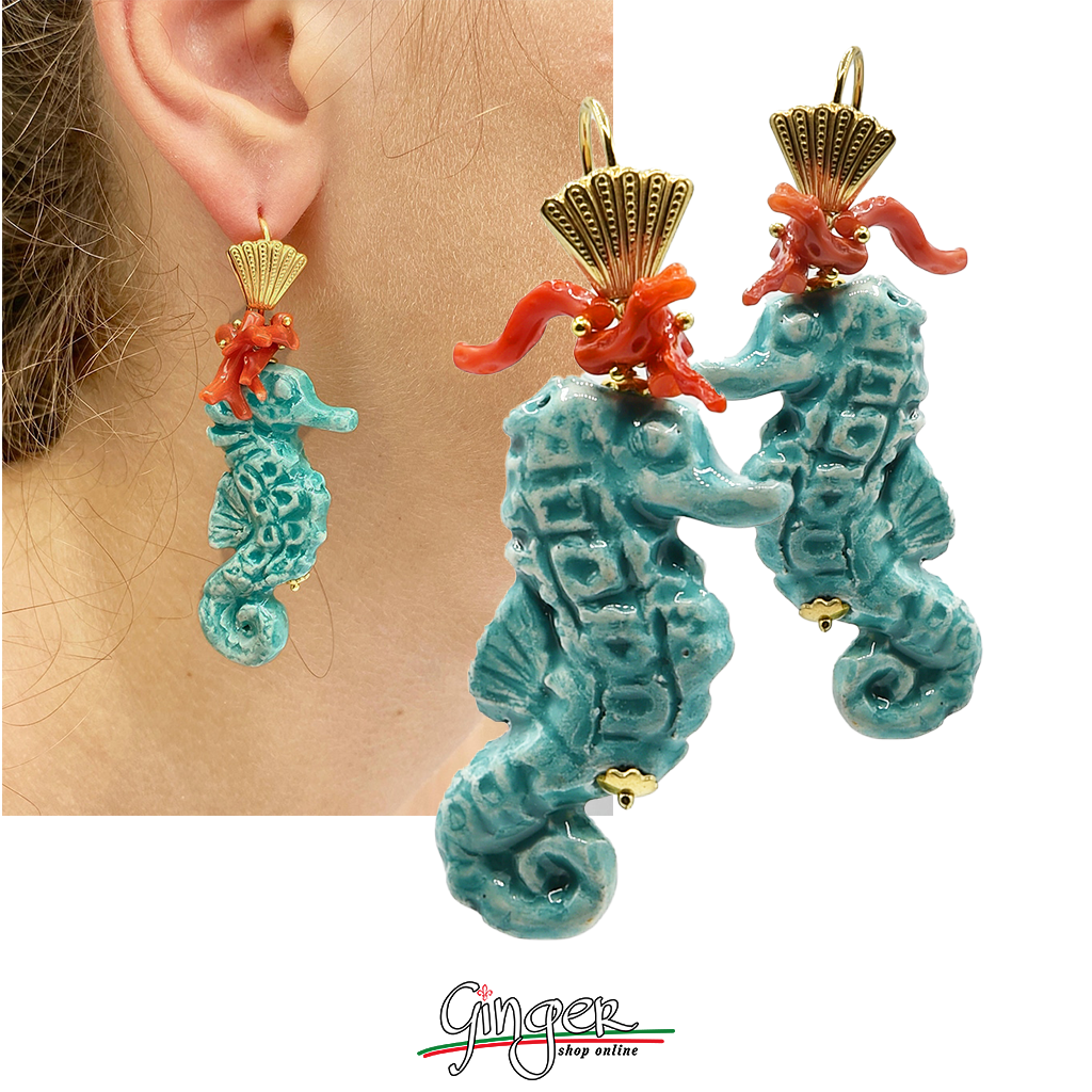 Pendant earrings with Seahorses and Mediterranean Coral