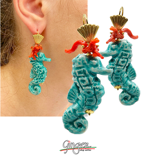 Pendant earrings with Seahorses and Mediterranean Coral