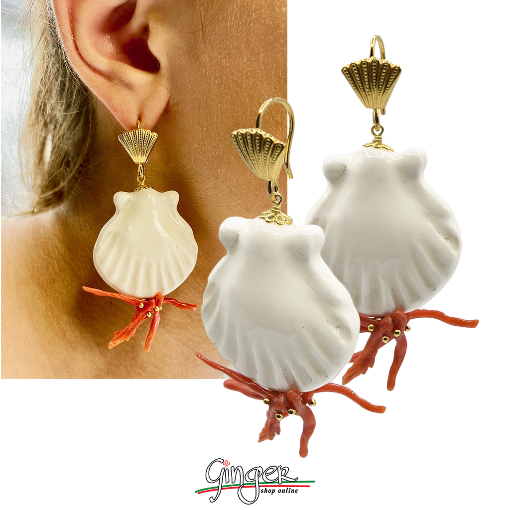 Pendant earrings with ceramic Shells and Mediterranean Coral