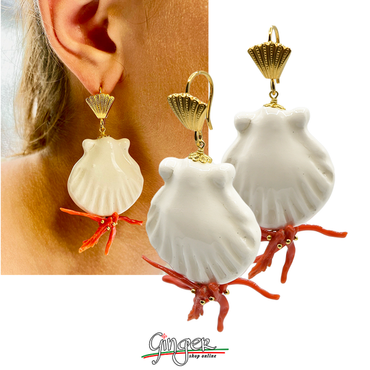 Pendant earrings with ceramic Shells and Mediterranean Coral