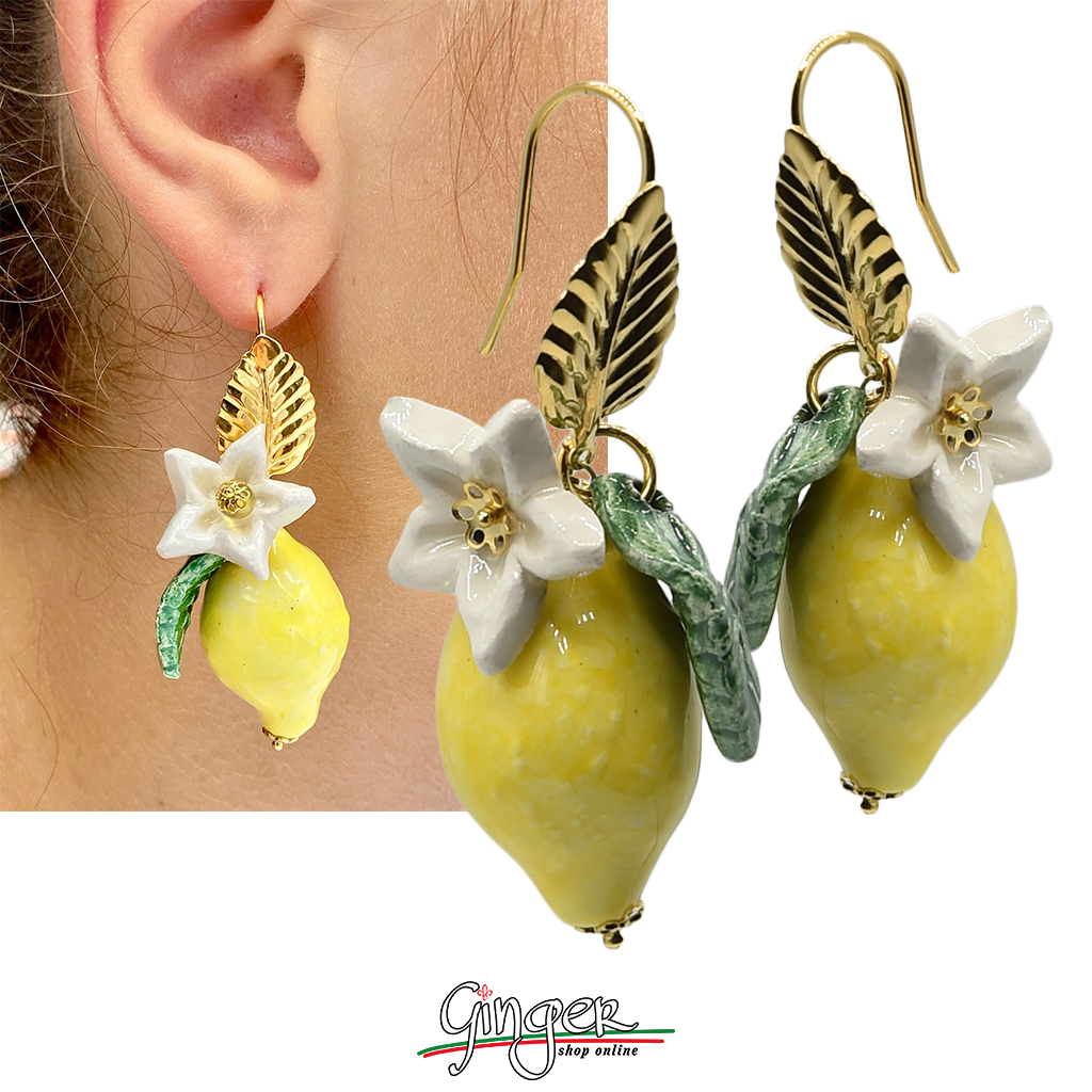Pendant earrings with lemons, flowers and leaves