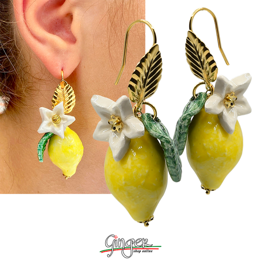 Pendant earrings with lemons, flowers and leaves