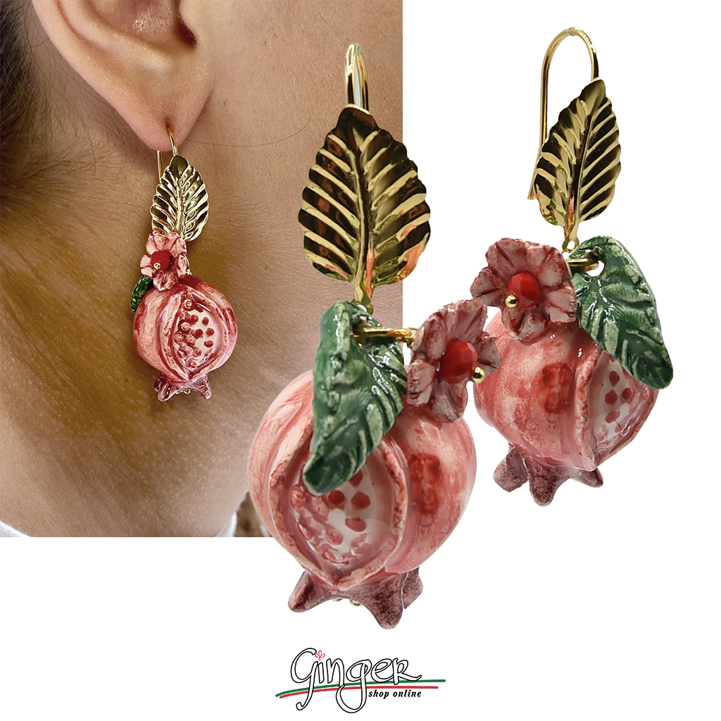 Pendant earrings with Pomegranates, flowers and leaves