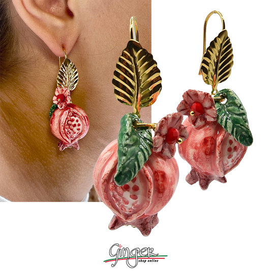 Pendant earrings with Pomegranates, flowers and leaves