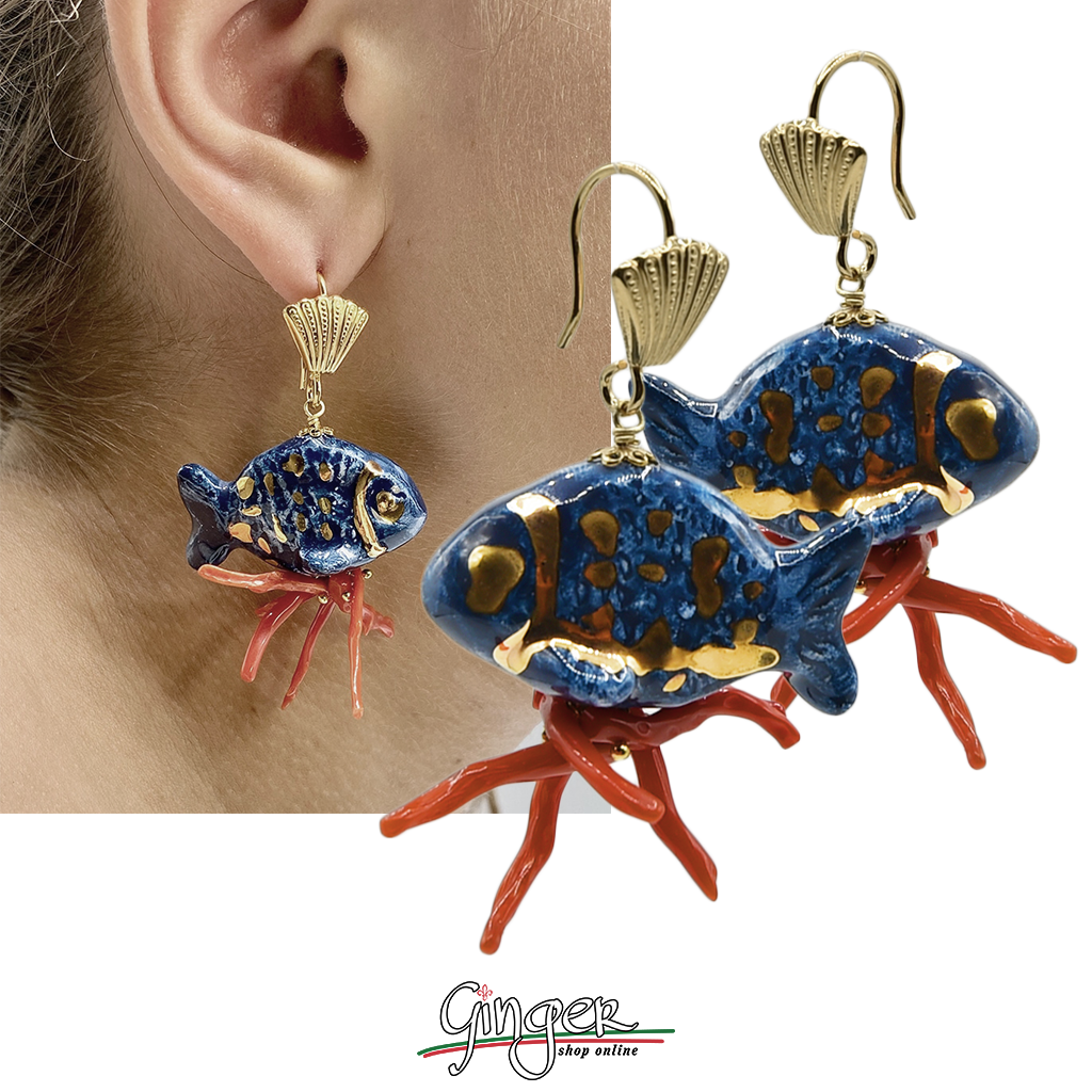 Pendant earrings with Blue Fishes and Mediterranean Coral