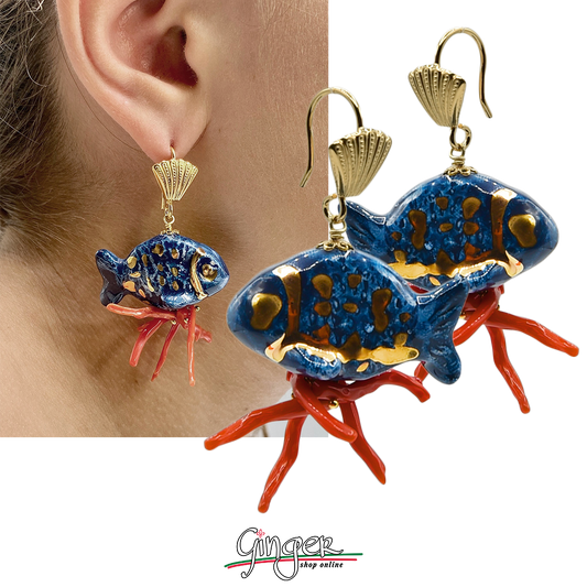 Pendant earrings with Blue Fishes and Mediterranean Coral