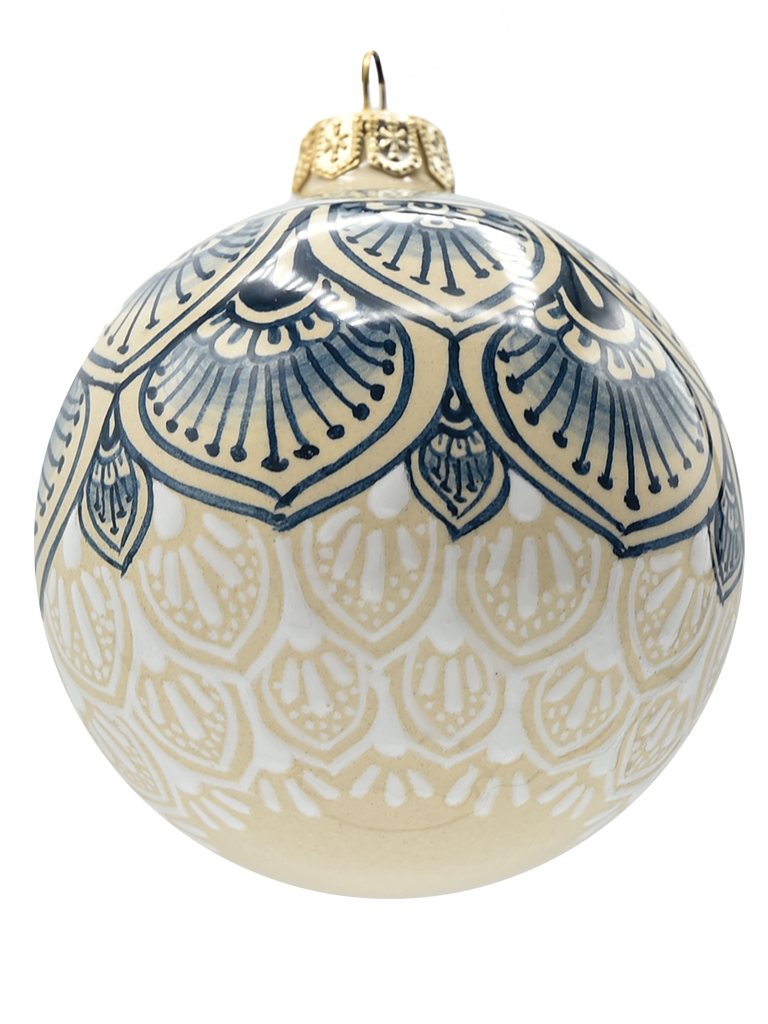 Hand painted Deruta Ceramic Christmas Ball - LACE FEATHER BLUE