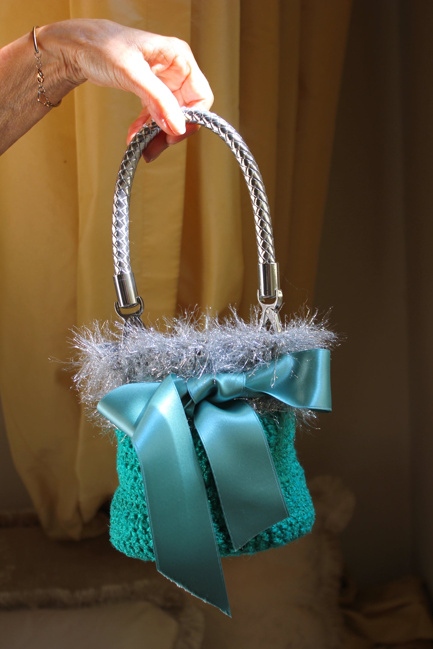 SILVER AND PETROL GREEN BUCKET BAG