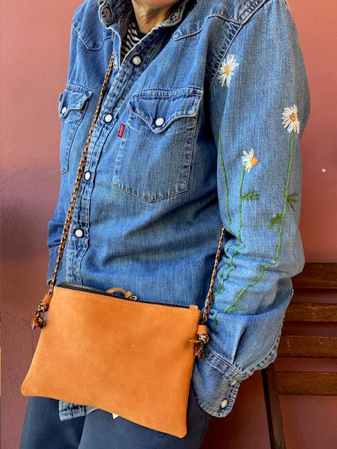 Yellow and orange suede cross body bags