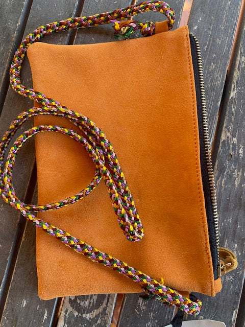 Yellow and orange suede cross body bags