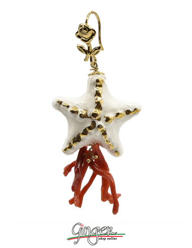 Pendant earrings with Starfish and Mediterranean Coral