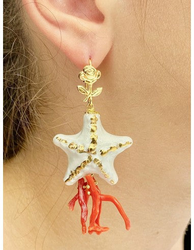 Pendant earrings with Starfish and Mediterranean Coral