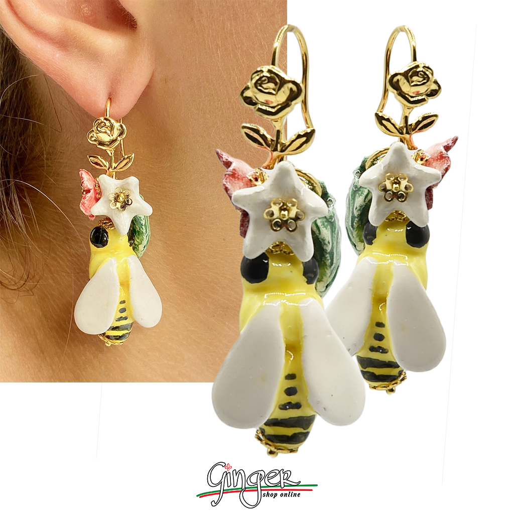 Pendant earrings with bees, flowers and leaves