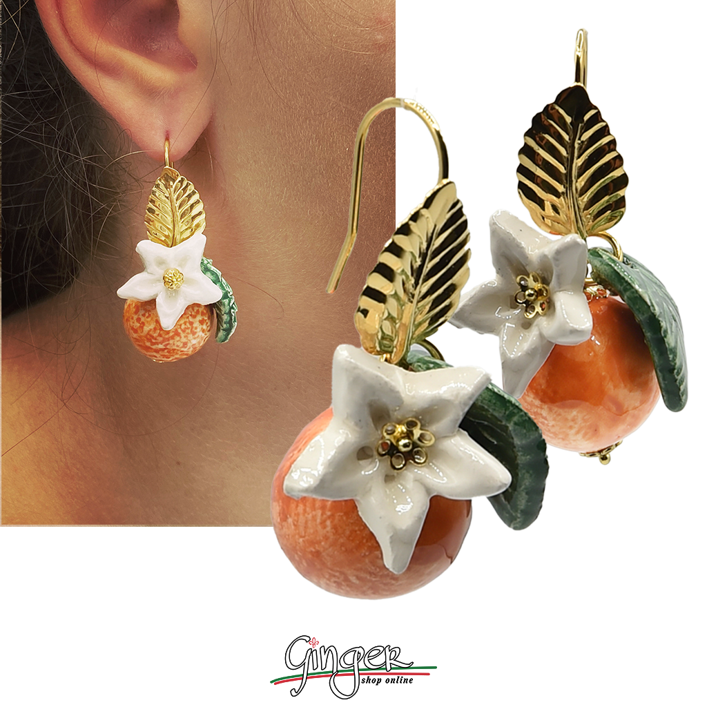 Pendant earrings with oranges, flowers and leaves 