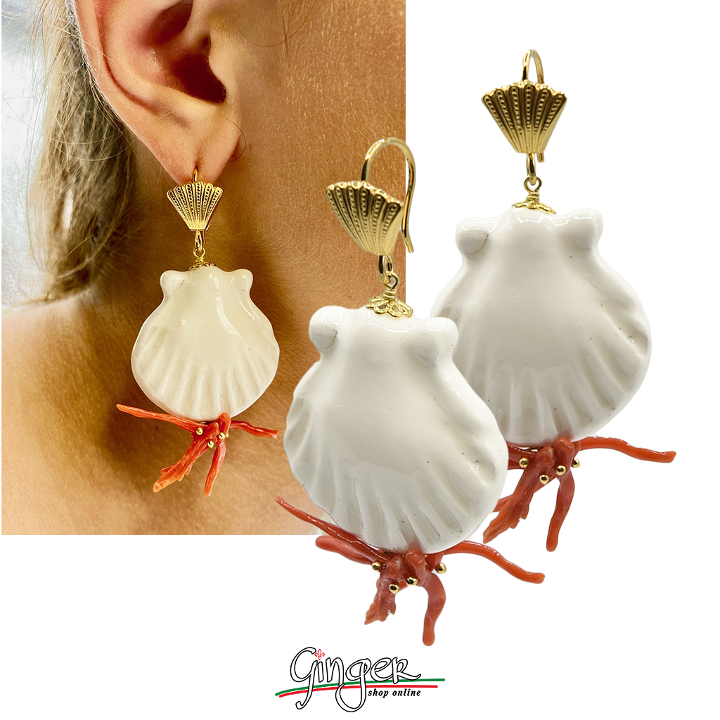 Pendant earrings with ceramic Shells and Mediterranean Coral 