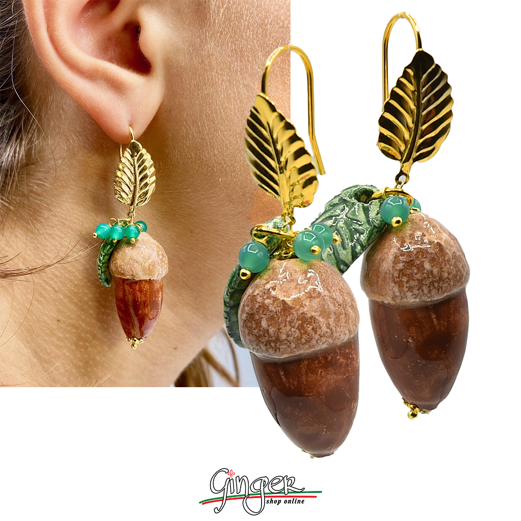 Pendant earrings with acorns, leaves and turquoise agate beads