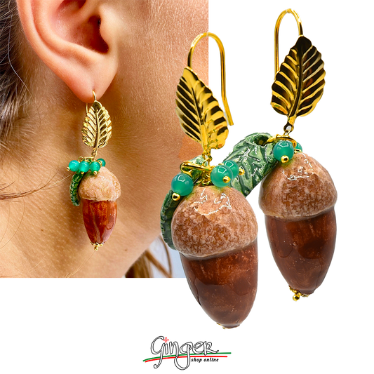 Pendant earrings with acorns, leaves and turquoise agate beads