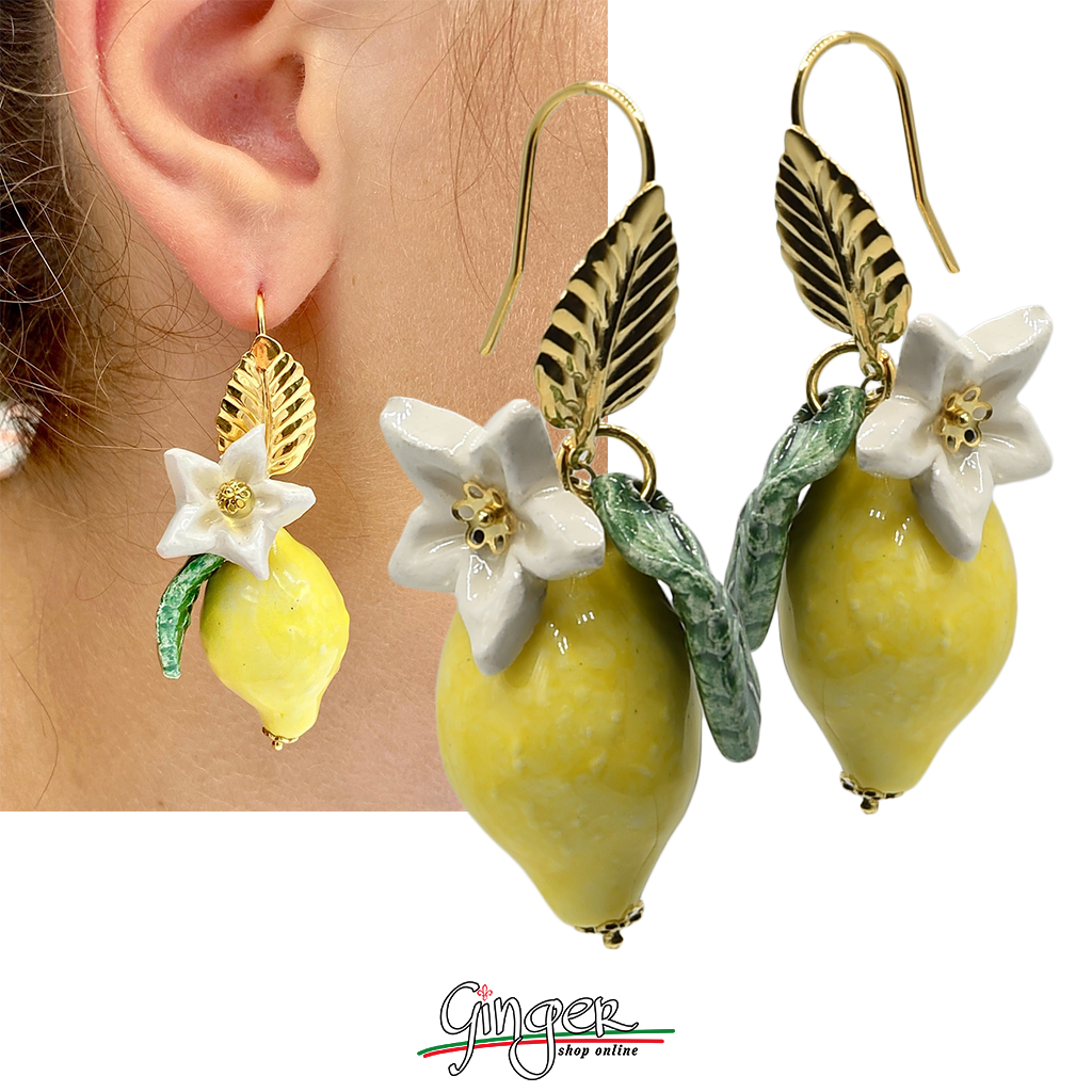 Pendant earrings with lemons, flowers and leaves 