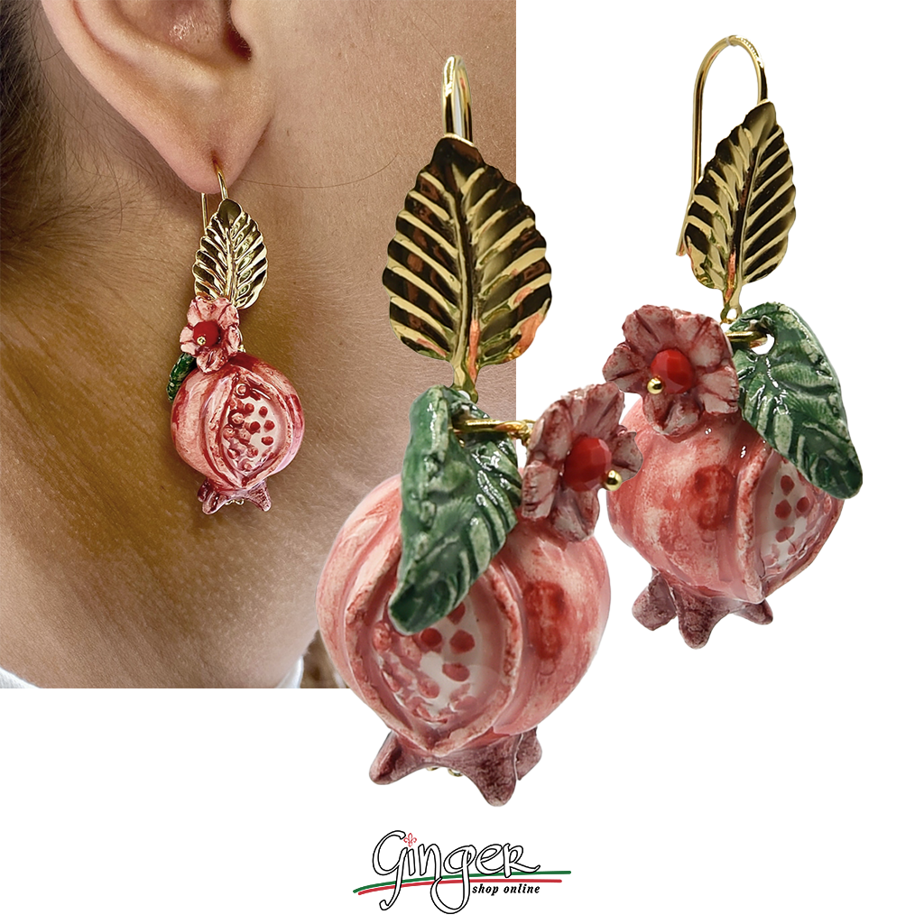 Pendant earrings with Pomegranates, flowers and leaves 