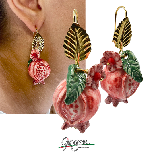 Pendant earrings with Pomegranates, flowers and leaves 