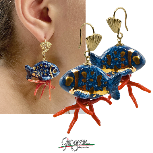 Pendant earrings with Blue Fishes and Mediterranean Coral 
