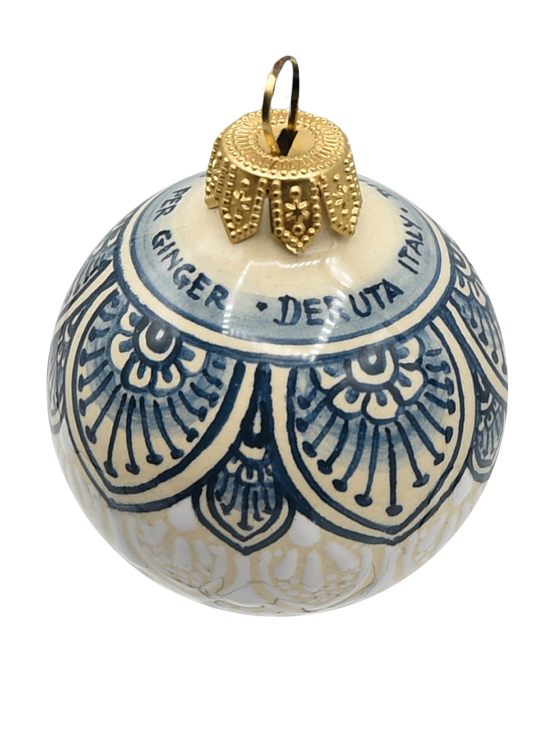Hand painted Deruta Ceramic Christmas Ball - LACE FEATHER BLUE